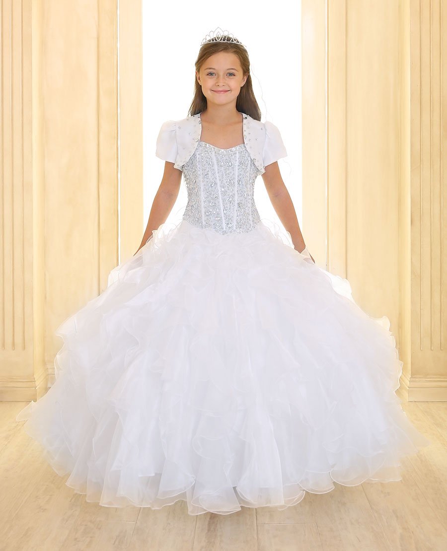 girls white pageant dress and bolero