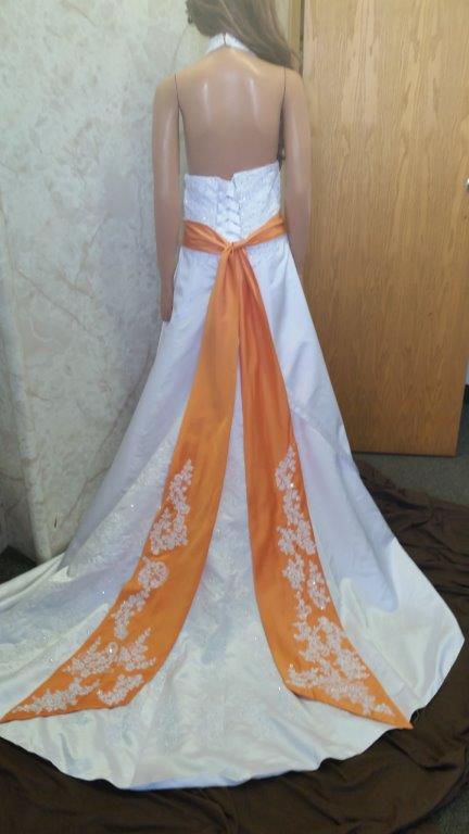 white tangerine wedding dress