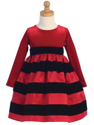 Long sleeve velvet dress with striped skirt