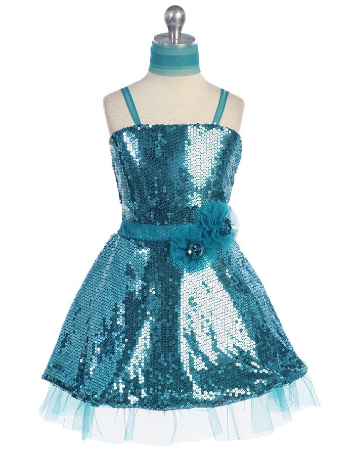 kids teal spaghetti strapped sequin dress