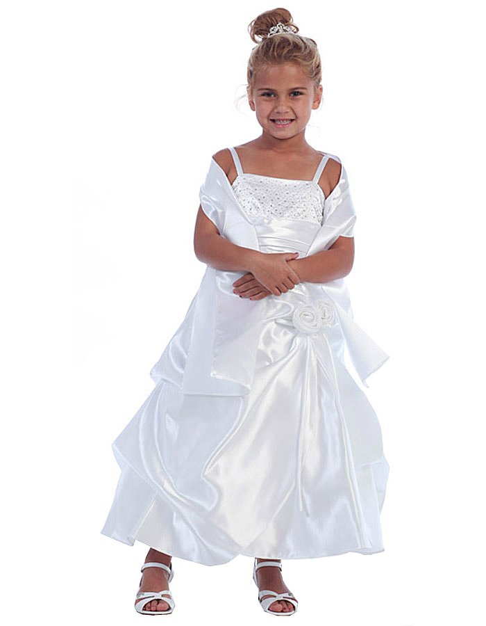 white spaghetti straps dress with a rose pickup skirt