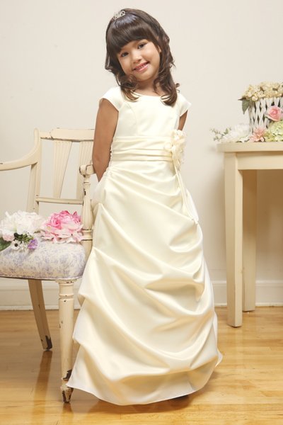 long satin girls pageant dress with cap sleeves