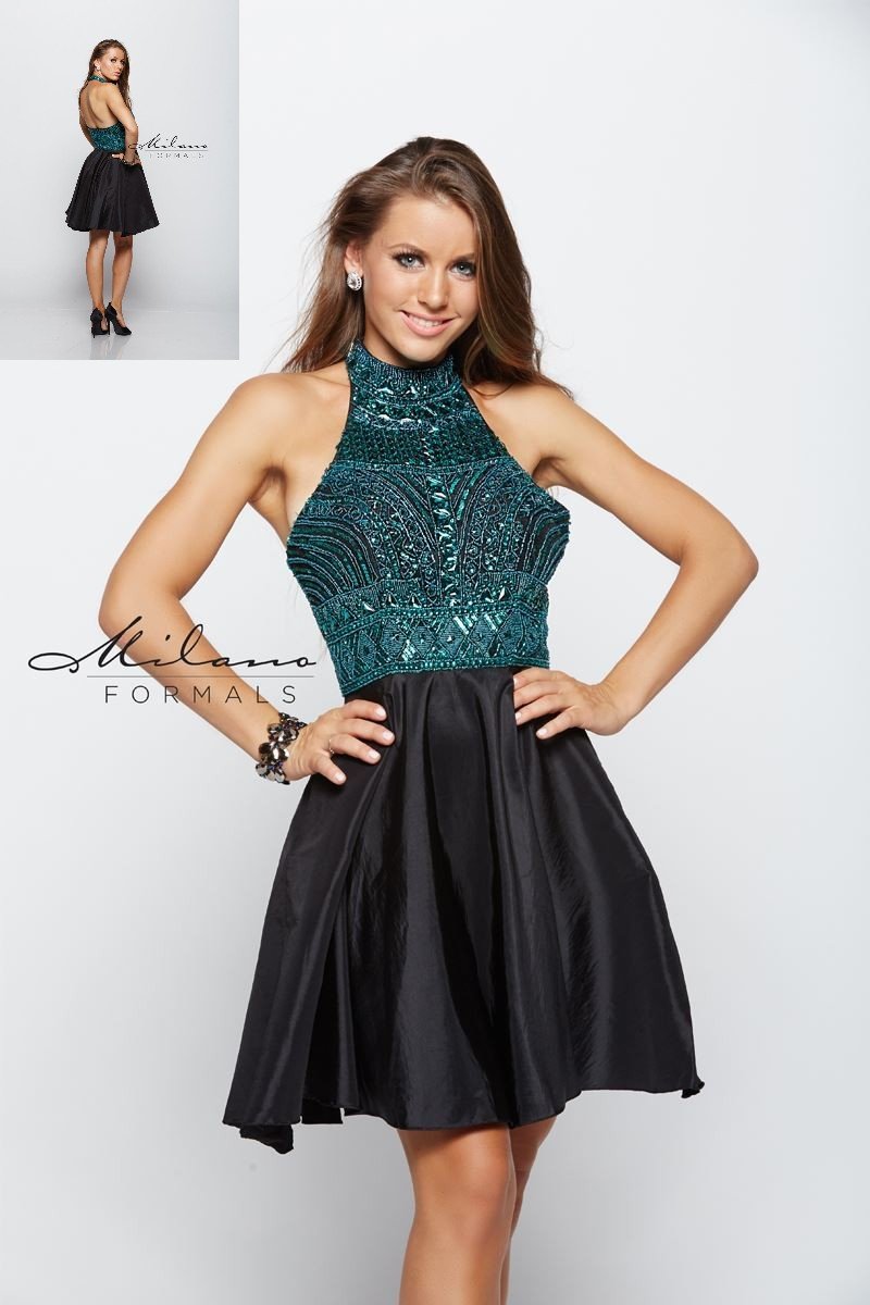 Beautiful teal beaded halter dress with short black skirt