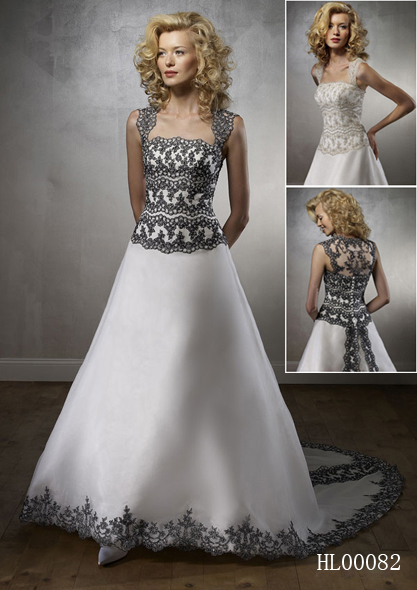 white wedding gown with black lace