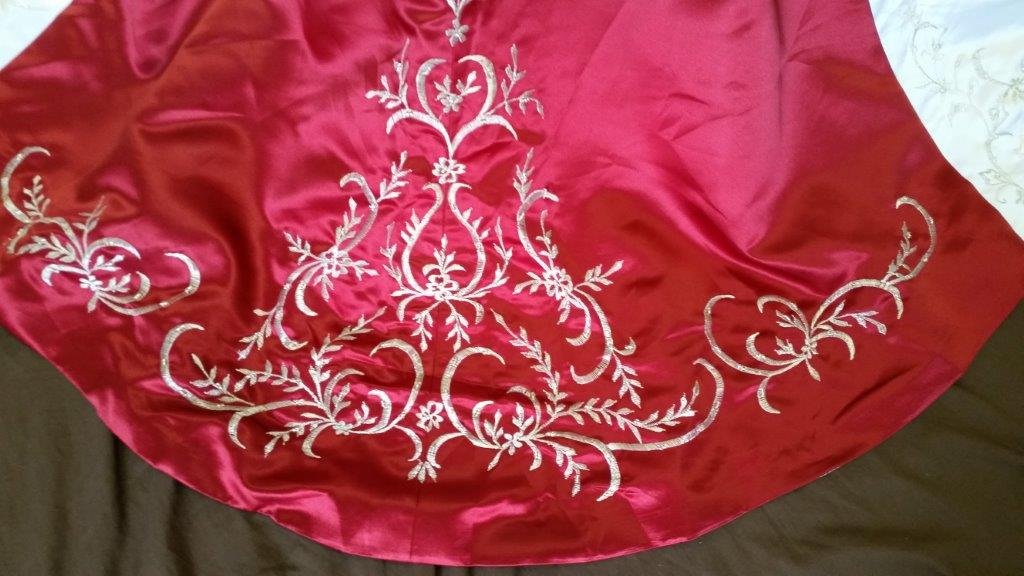 wedding gown with red accents