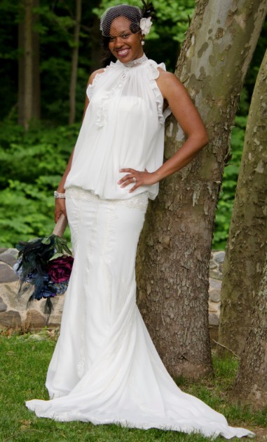 Chiffon Wedding dress with a fitted dropped waistband creating a blouson