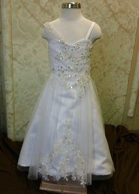  white sheer shoulder infant wedding dress