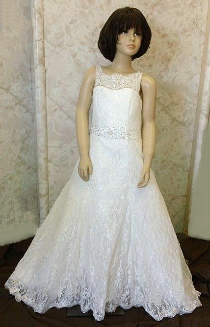 Light ivory lace flower girl dress with scalloped lace hem