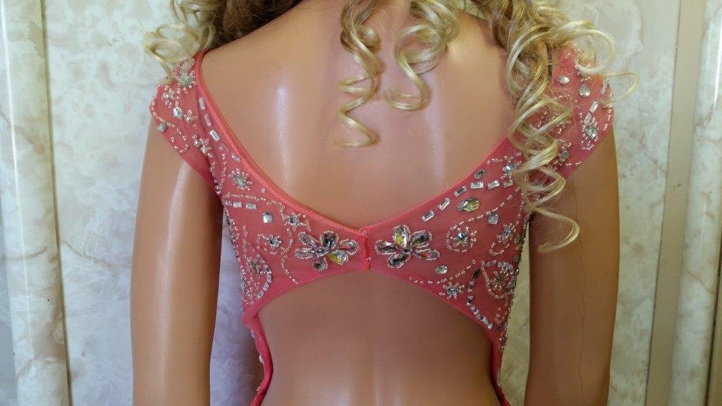 coral open back prom dress