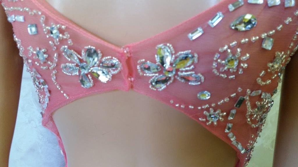 coral open back prom dress