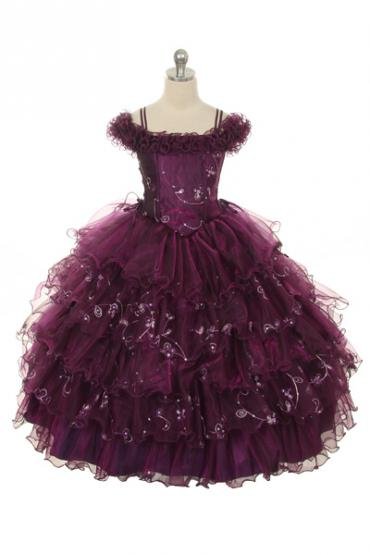purple off shoulder girls pageant ball gown