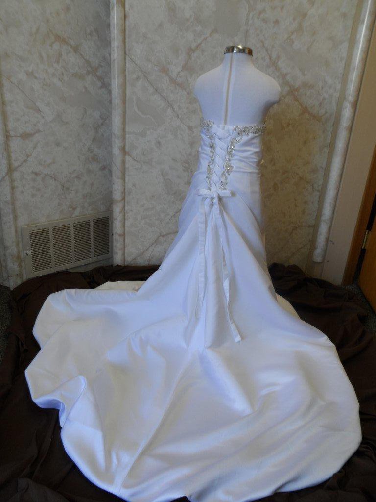 strapless ruched beaded applique mini wedding gown