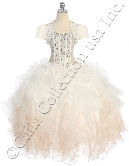 champagne Organza girls pageant dresses with bolero jacket
