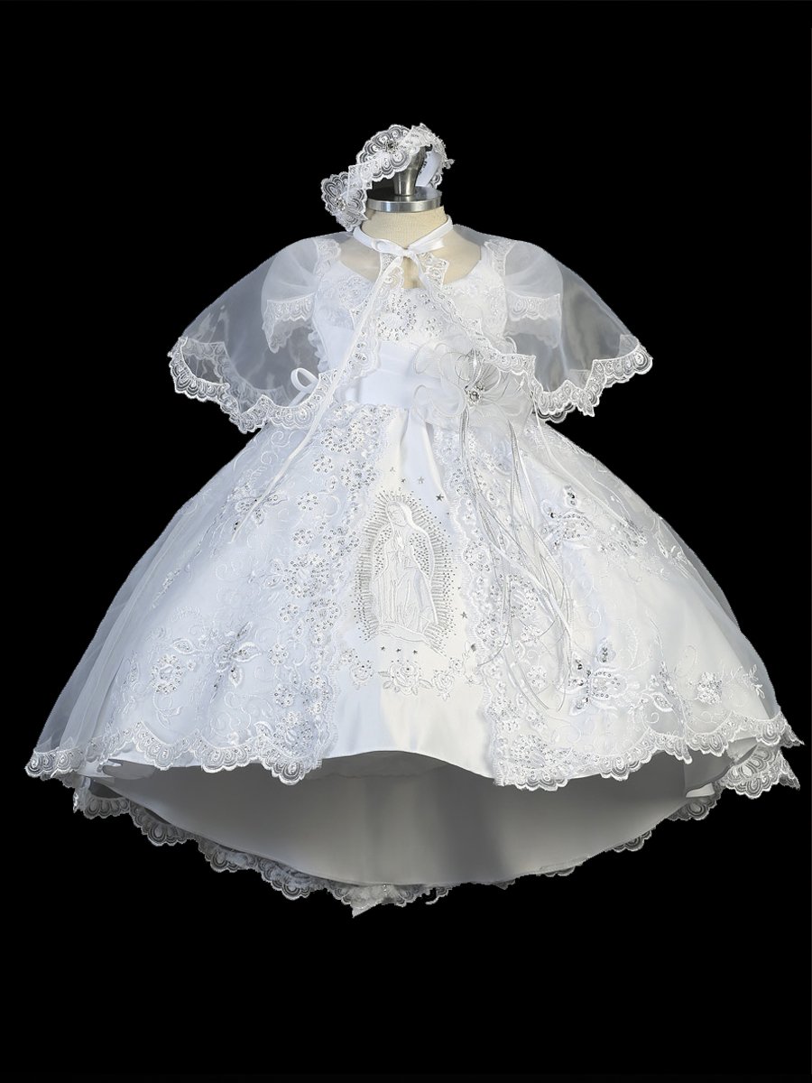 Baptism dress with train and Maria on the skirt